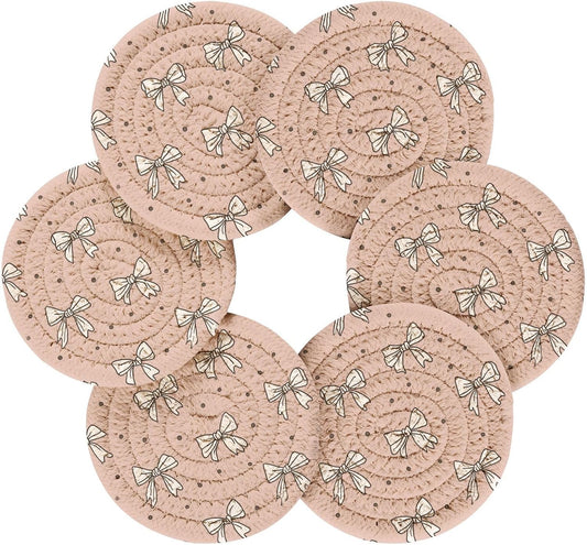 Bar Coasters for Drink with Holder Cute Bow Light Pink Cute Coaster Set of 6 Cotton Woven Coaster for Coffee Table, Bistro Tabletop,Kitchen Home Decor