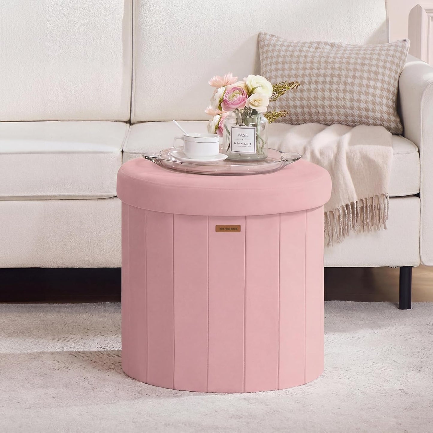 SONGMICS Mazie Collection - Round Storage Ottoman, Folding Footrest Stool with Removable Lid, Easy Assembly, Velvet Vanity Stool for Bedroom, Living Room, Entryway, Jelly Pink ULSF608R01