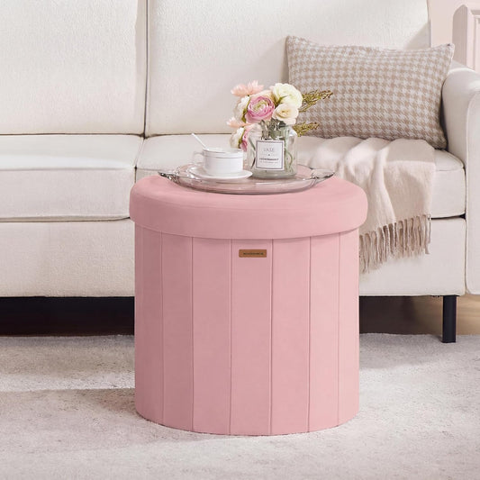SONGMICS Mazie Collection - Round Storage Ottoman, Folding Footrest Stool with Removable Lid, Easy Assembly, Velvet Vanity Stool for Bedroom, Living Room, Entryway, Jelly Pink ULSF608R01