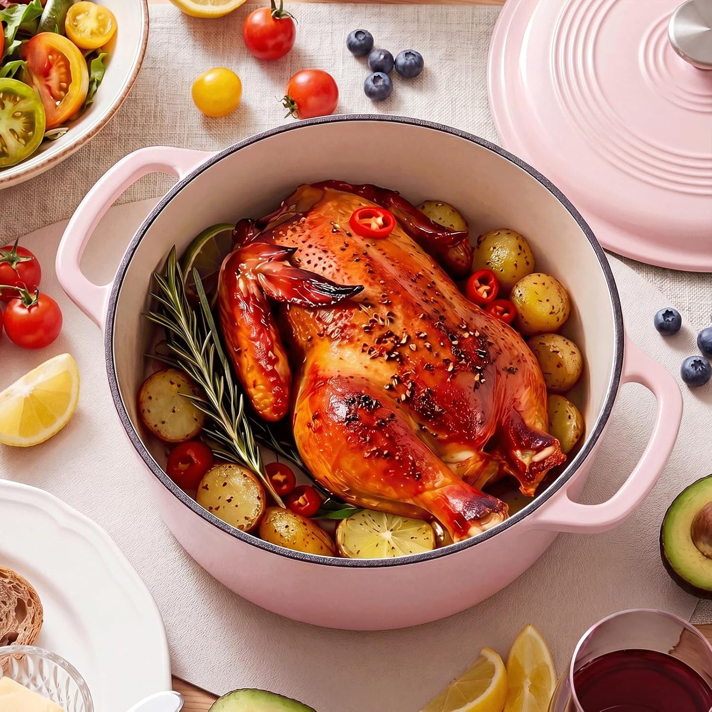 NEWBULIG Cast Iron Dutch Oven, 6 Quart Enamel Dutch Oven Pot with Lid, Heavy Duty Cookware for Sourdough Bread, Braising, Stews, Roasting, Safe up to 500°F, Pink