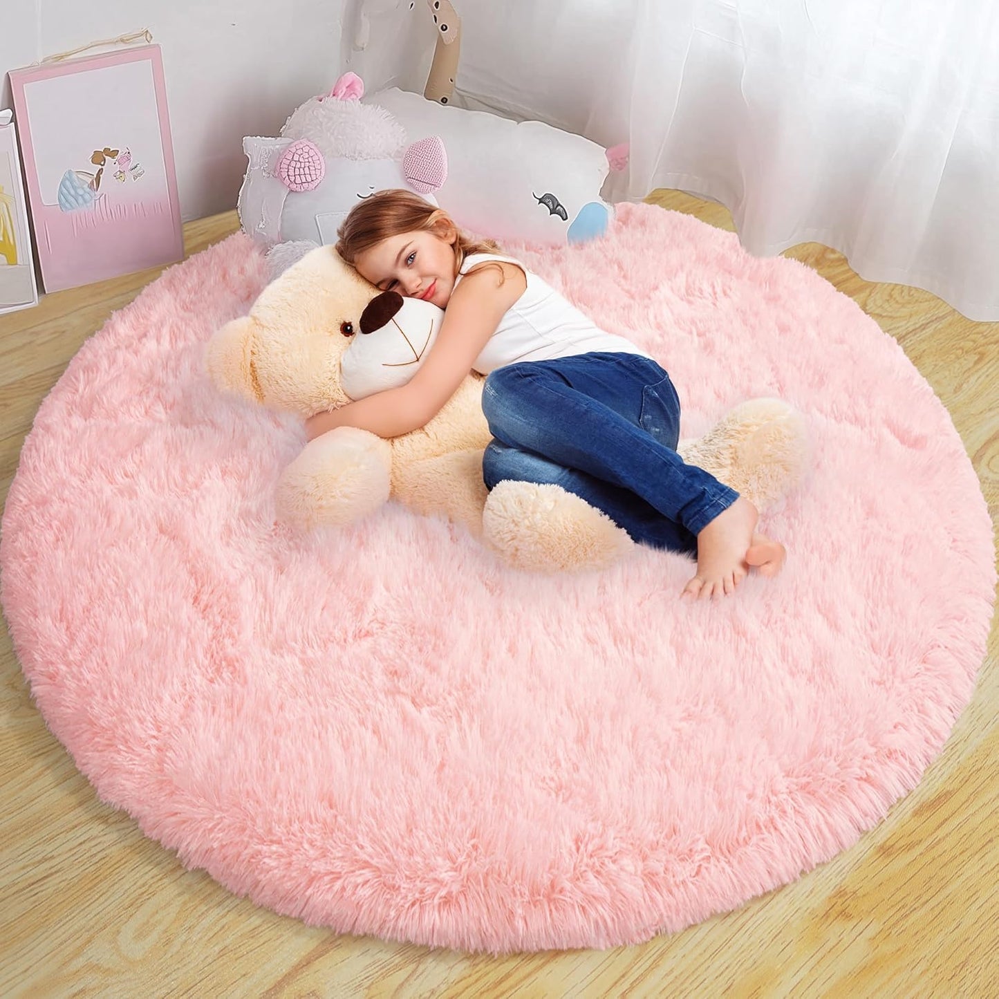 Xexsin Round Fluffy Rugs 5Ft for Girls Bedroom, Pink Shag Circle Kids Rug Non-Slip for Bedside Dorm Nursery Playroom, Soft Cute Area Rugs for Living Room Decor