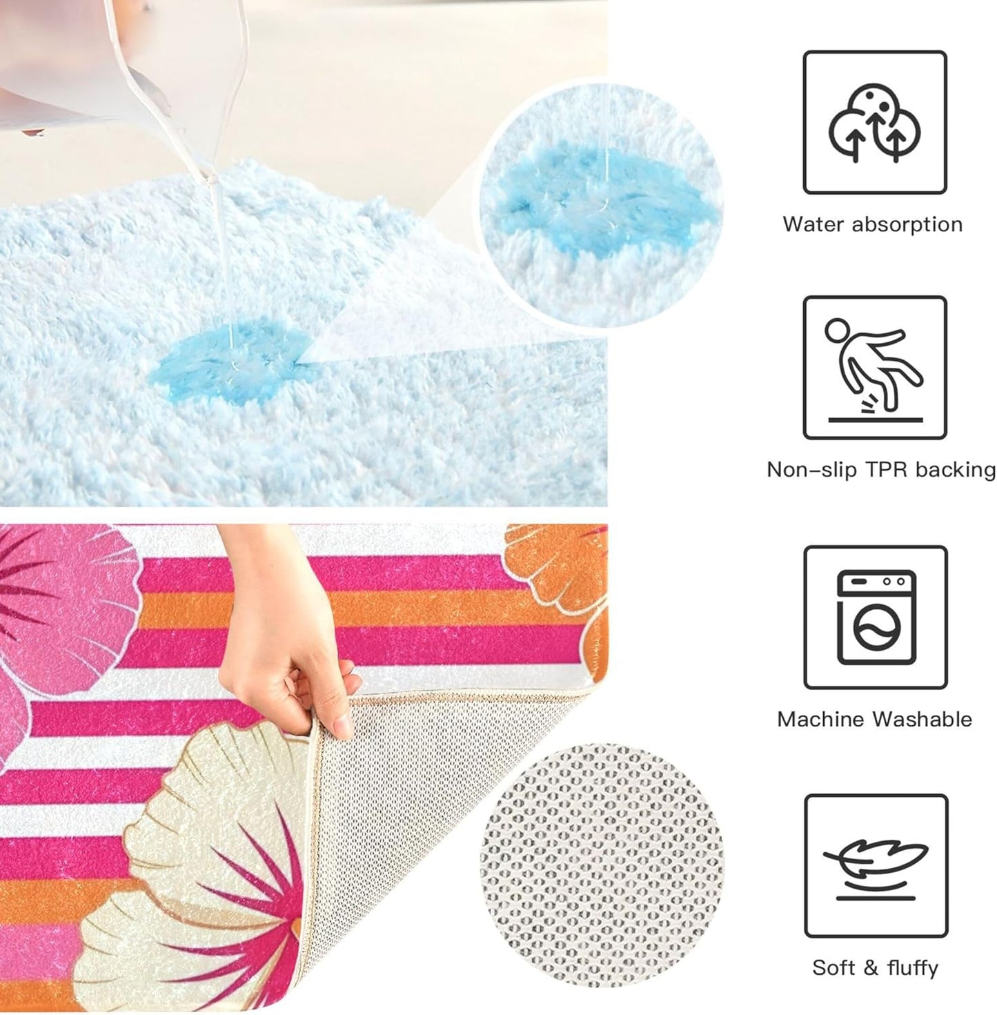 Burbuja Hibiscus Pink Stripes Bath Mat Rug, Extra Soft Absorbent Bathroom Rug with Non-Slip Backing for Bathroom Floor Tub Shower, 16x24 in