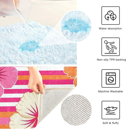 Burbuja Hibiscus Pink Stripes Bath Mat Rug, Extra Soft Absorbent Bathroom Rug with Non-Slip Backing for Bathroom Floor Tub Shower, 16x24 in