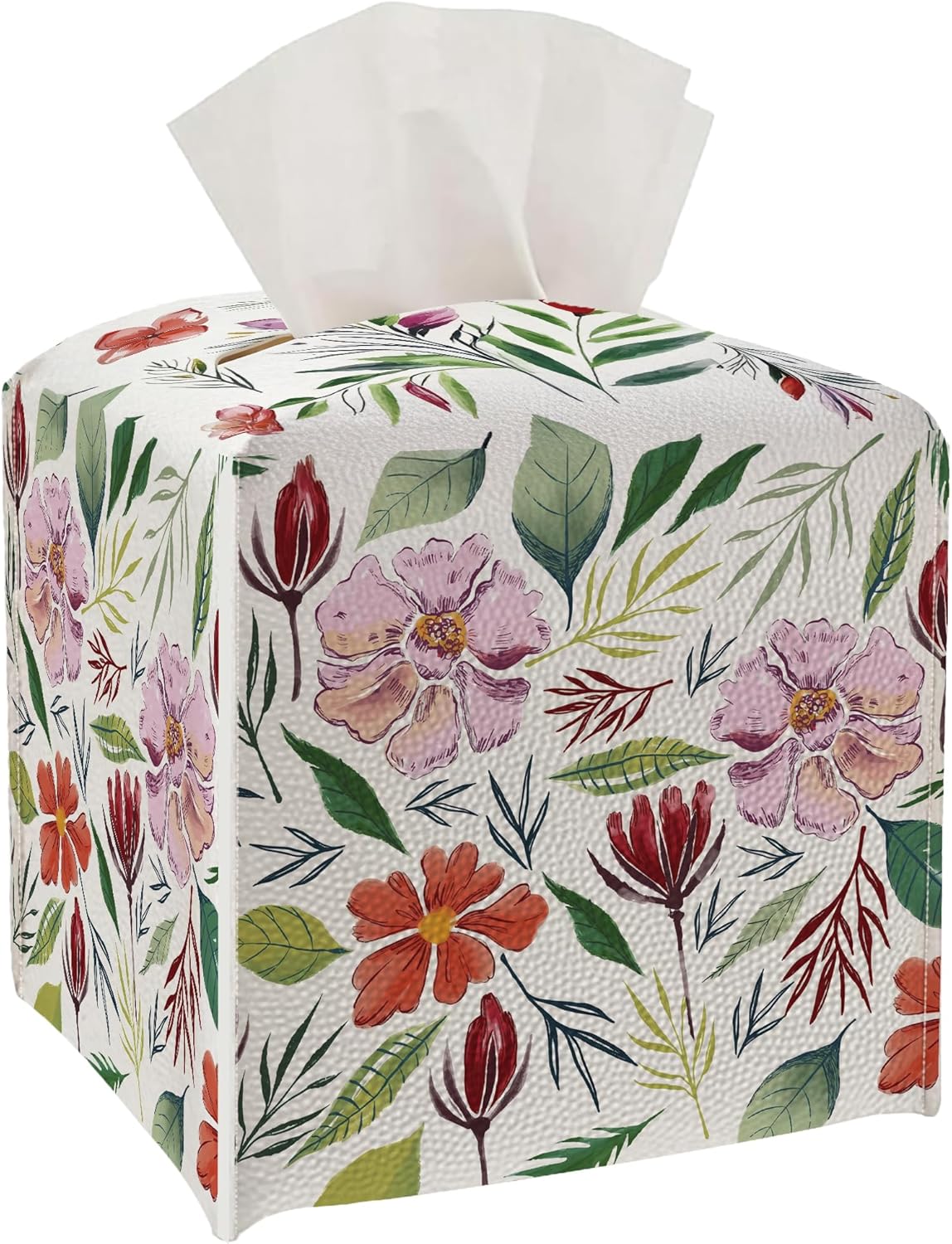 Tissue Box Cover - Pink Flowers PU Leather Tissue Box Holder with Elastic Bottom Strap,5.2x5.2Inch Tissue Box Decor for Bathroom Nightstand, Dresser, Office Desk, Bedroom (Flower&Leaves)