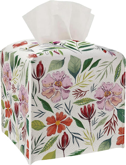 Tissue Box Cover - Pink Flowers PU Leather Tissue Box Holder with Elastic Bottom Strap,5.2x5.2Inch Tissue Box Decor for Bathroom Nightstand, Dresser, Office Desk, Bedroom (Flower&Leaves)