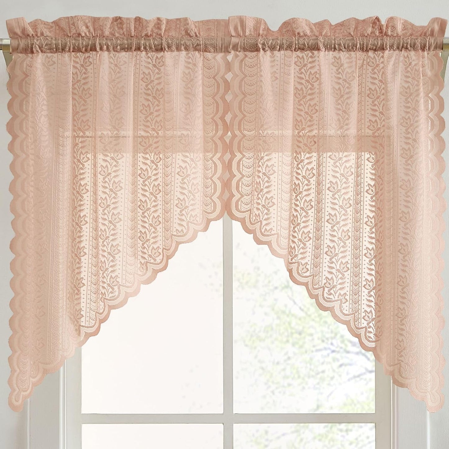 HLC.ME Sophia Floral Rod Pocket Lace Short Cafe Swags for Small Windows - 28 x 36 Inch Length (Blush Pink Swags, Set of 2)