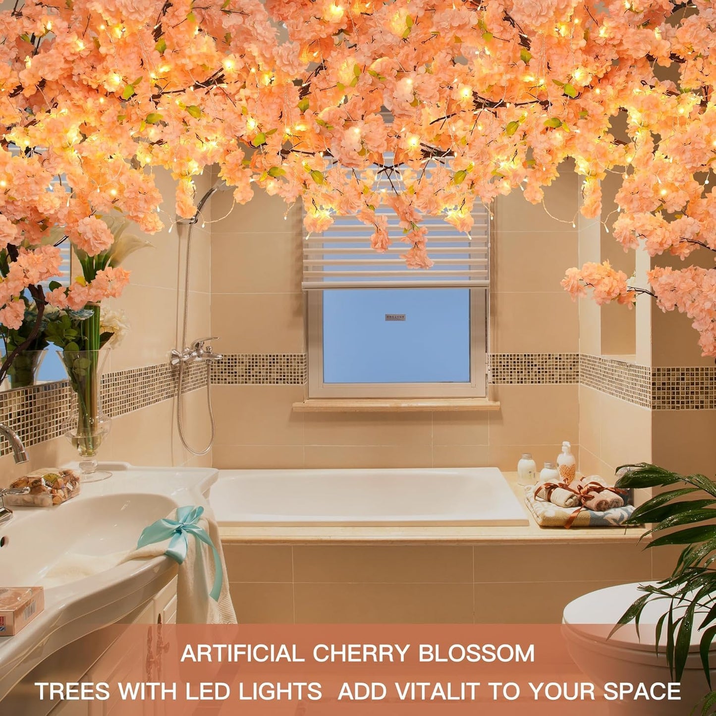 Artificial Cherry Blossom Tree with LED Light, Fake Tree Cherry Blossom Tree Artificial Champagne Pink Sakura Tree for Party, Wedding, Office, Home Decor, Indoor & Outdoor (4 x 6.5ft Vine) - by TTDMK