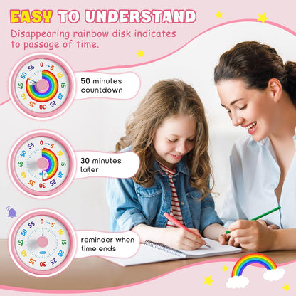 HIPPIH Visual Timer for Kids, 60 Minute Countdown Timers for Classroom Kitchen Office, Rainbow Disk Desk Timer Clock with Silent Operation, Pomodoro Timer Time Management Tools for Toddler ADHD Pink