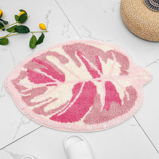Leaf Bathroom Rugs Pink Cute Monstera Bath Rug Non-Slip Soft Plush Washable Bath Mat for Shower Floor Bathroom Tub Home Decor 19.7"x29.5"