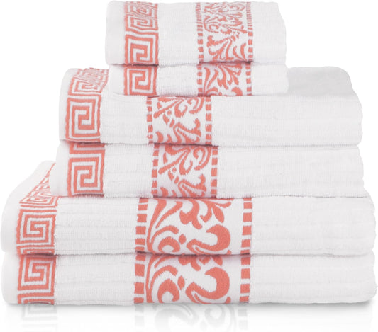 Superior 6-Piece Cotton Towel Set, Decorative Greek Pattern, Home Essentials, Absorbent Towels, Bathroom Decor, Spa, Resort, Includes 2 Hand, 2 Face and 2 Bath Towels, Athens Collection, Coral