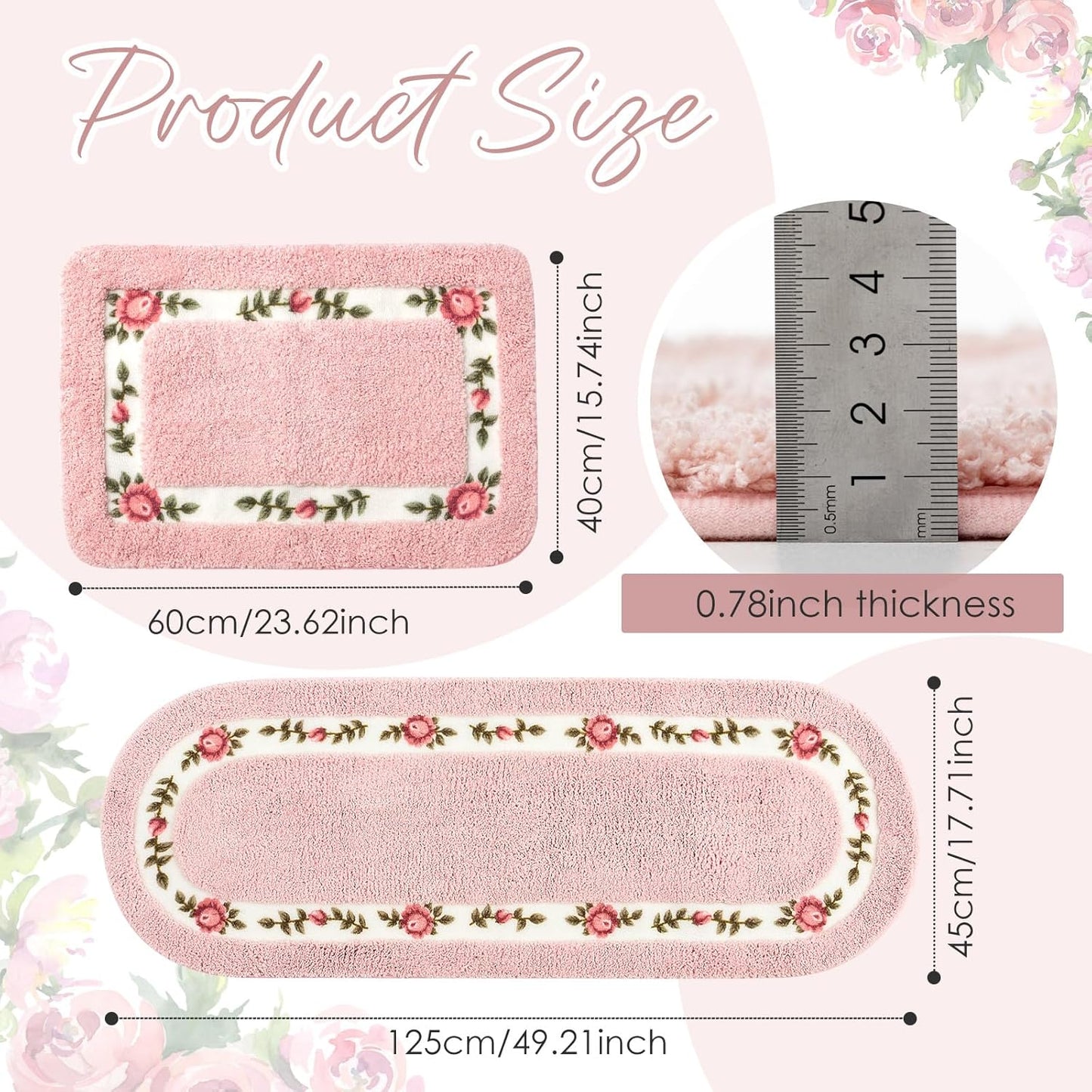 Drydiet 2 Pcs Rose Flowers Bathroom Rugs Set Coquette Room Decor Floral Rugs for Bathroom Bedroom Living Room,Non Skid Absorbent Romantic Rose Flower Area Rugs 2 Shapes(Pink,Small)