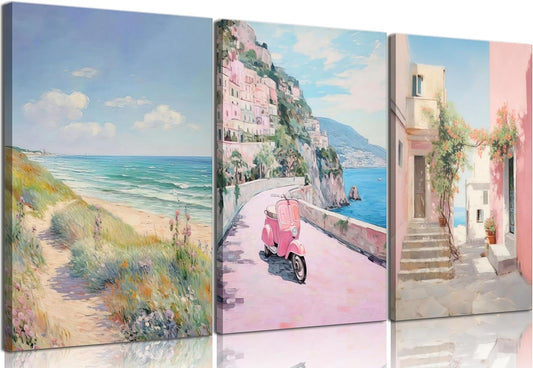 3Pcs Amalfi Coast Pastel Canvas Wall Art Trendy Pink Beach Preppy Painting Picture Wall Decor Aesthetic Italian Beachy Landscape Poster Print Artwork for Teen Girl Dorm Girls Room Home Decoration