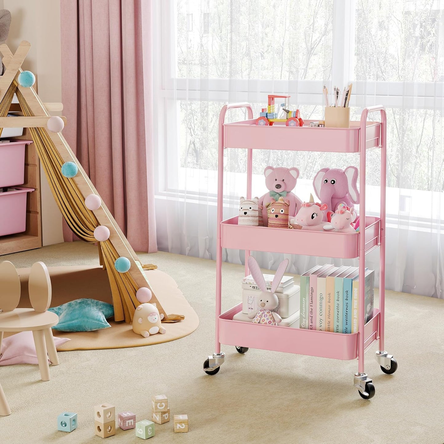 TOOLF 3-Tier Rolling Cart - Metal Utility Storage Organizer with Lockable Wheels, 33 lbs Per Shelf, Tool-Free 5-Min Assembly, for Kitchen Bathroom Office Nursery Craft Room, Pink