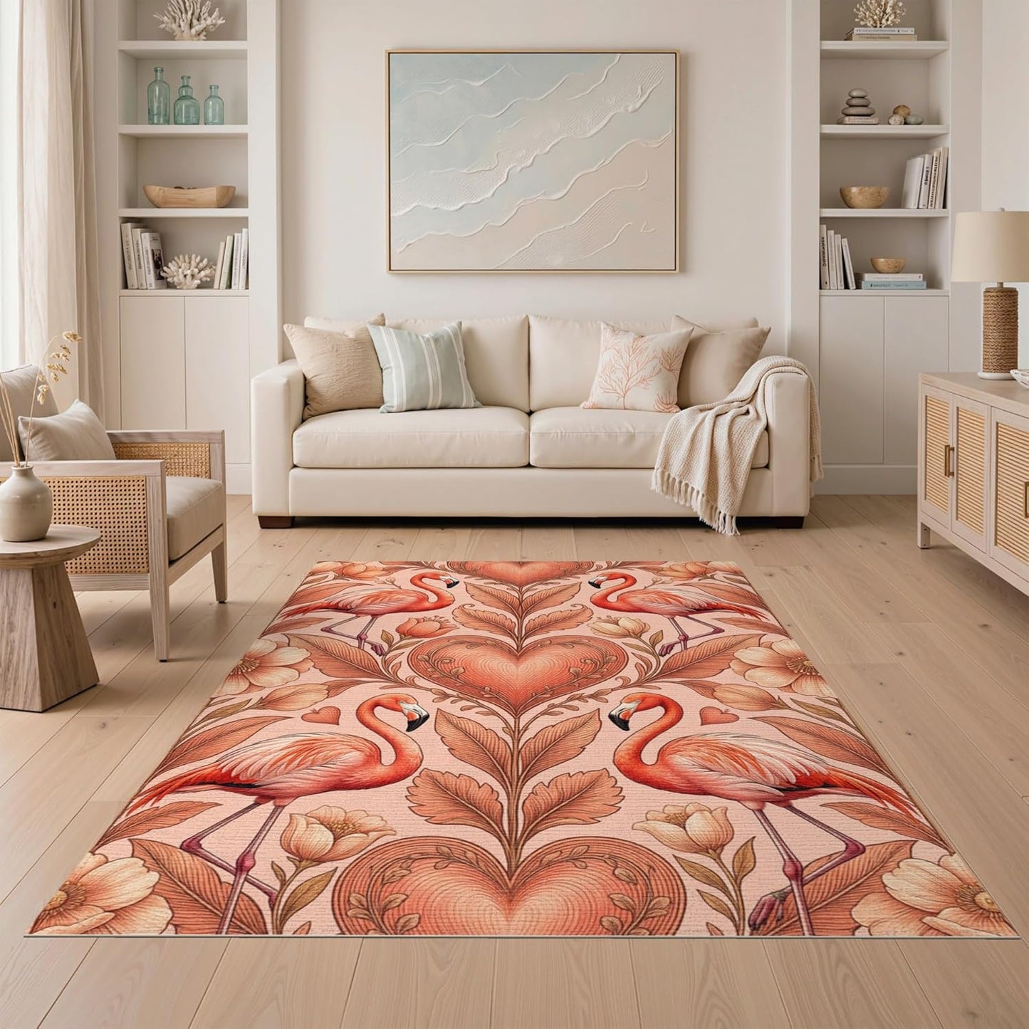 5'x7' Washable Flatwoven Rug, Peach Art Nouveau Floral Stain Resistant Area Rug for Guest Room, Lounge, Apartment, Non-Slip Low Profile Floor Covering | Ref:2088246