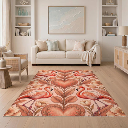 5'x7' Washable Flatwoven Rug, Peach Art Nouveau Floral Stain Resistant Area Rug for Guest Room, Lounge, Apartment, Non-Slip Low Profile Floor Covering | Ref:2088246