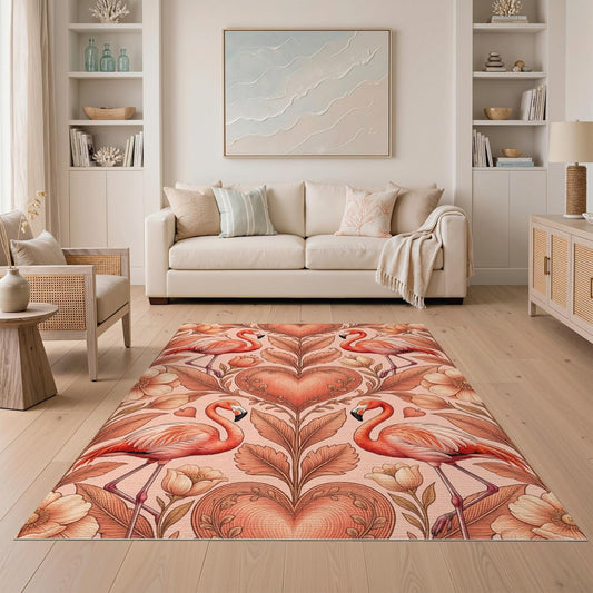 5'x7' Washable Flatwoven Rug, Peach Art Nouveau Floral Stain Resistant Area Rug for Guest Room, Lounge, Apartment, Non-Slip Low Profile Floor Covering | Ref:2088246