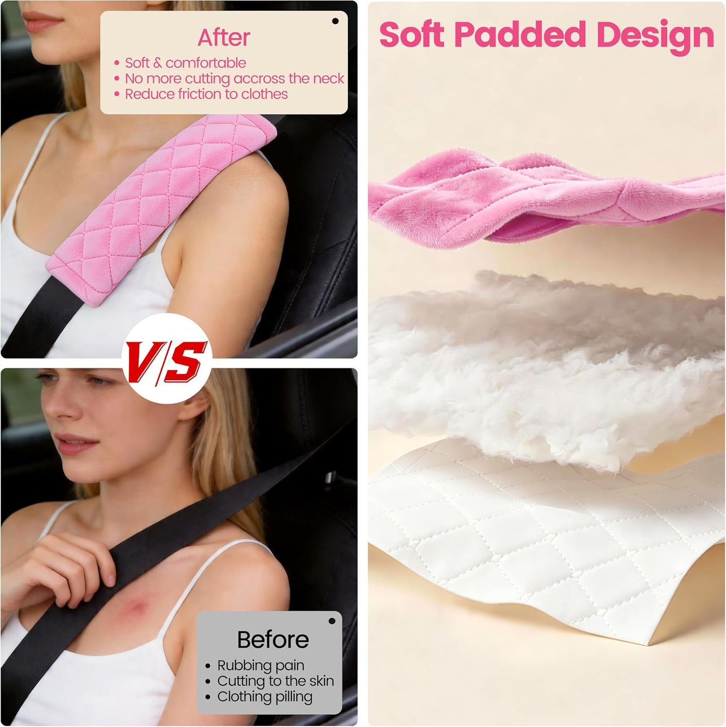 Amooca Soft Auto Seat Belt Cover Seatbelt Shoulder Pad Cushions 2 PCS for a More Comfortable Driving Universal Fit for All Cars and Backpack Pink