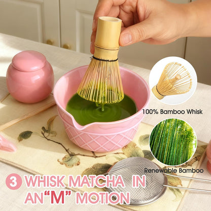 Sakura Pink Matcha Whisk Set-8pcs,Japanese Tea Set Includes Matcha Bowl with Ice Cream Design, Tea Mat and Matcha Canister, 16OZ Matcha Kit for Ceremony