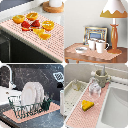 GeeRic Dish Drying Mats, Heat-resistant Silicone Mat for Kitchen Counter, Non-Slip Dish Dry Mat Dishwasher Safe Large, Pink