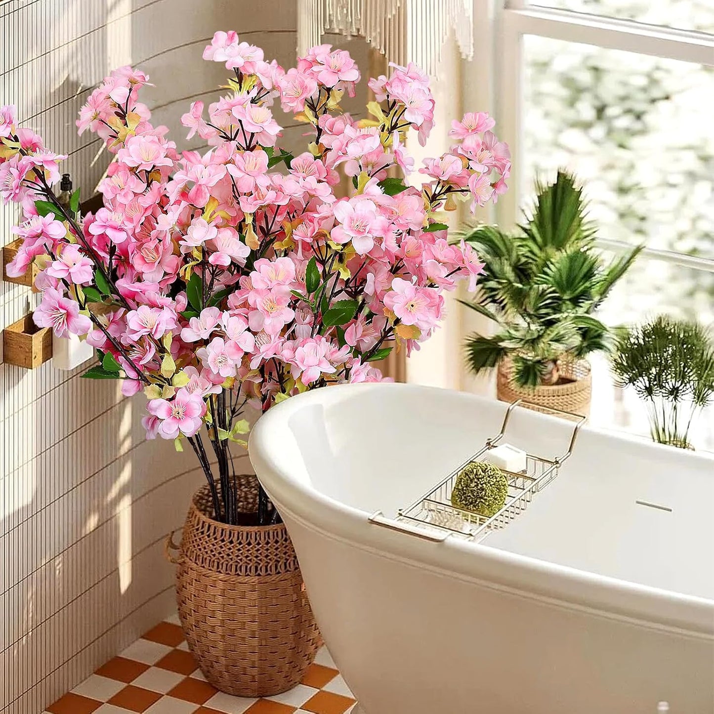 6Pcs Pink Artificial Cherry Blossom Branches for Home Decor 27’’ Faux Silk Long Stem Flowers for Spring Dining Wedding Party Decoration Indoor Table Centerpieces