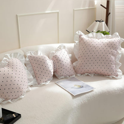 Pink Black Polka Dot Silk Throw Pillow Cover 18x18 Inch, Ruffle Cushion Cover with White Lace Trim, Shabby Decorative Chic Pillowcase for Rustic Living Room, Bedroom & Country Home Decor