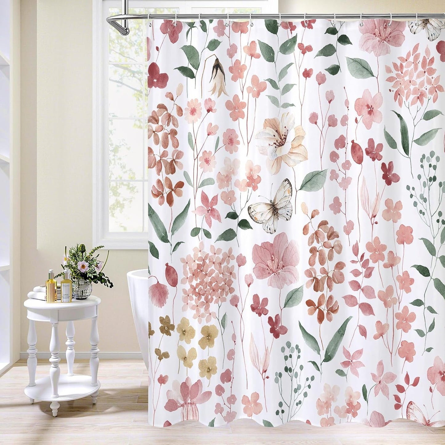 Litabel Pink Floral Shower Curtain, Plant Leaves with Flower Shower Curtains for Summer Pink Bathroom Decor, Modern Farmhouse Waterproof Fabric Botanical Shower Curtain Set with Hooks 72x72 Inch