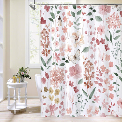 Litabel Pink Floral Shower Curtain, Plant Leaves with Flower Shower Curtains for Summer Pink Bathroom Decor, Modern Farmhouse Waterproof Fabric Botanical Shower Curtain Set with Hooks 72x72 Inch