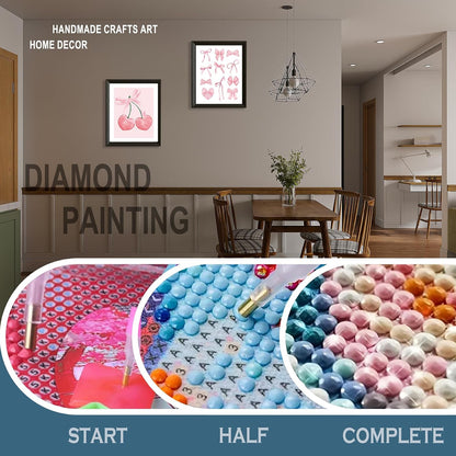 Qykwz 2 Pcs Coquette Pink Bow Diamond Painting Kits for Adults, Preppy Girly Ribbon Bow Cherry Diamond Art Kits, DIY Full Drill Gem Art Kit for Home Wall Decor, Coquette Room Decor,10x11.8 Inch