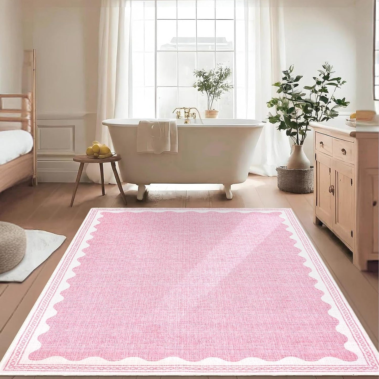Scalloped Rug 5x7 Modern Solid Color Modern Mats with Non-Slip Backing, Stain-Resistant Low Pile Accent Rug, Washable Contemporary Throw Carpet for Living Room, Bedroom, Office, Pink