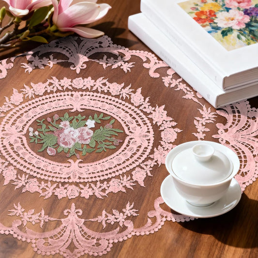 Retro Lace Embroidered Placemats Set of 6, French Crochet Doilies, Soft Breathable Vintage Style for Wedding Party, 18in x 12in, Pink