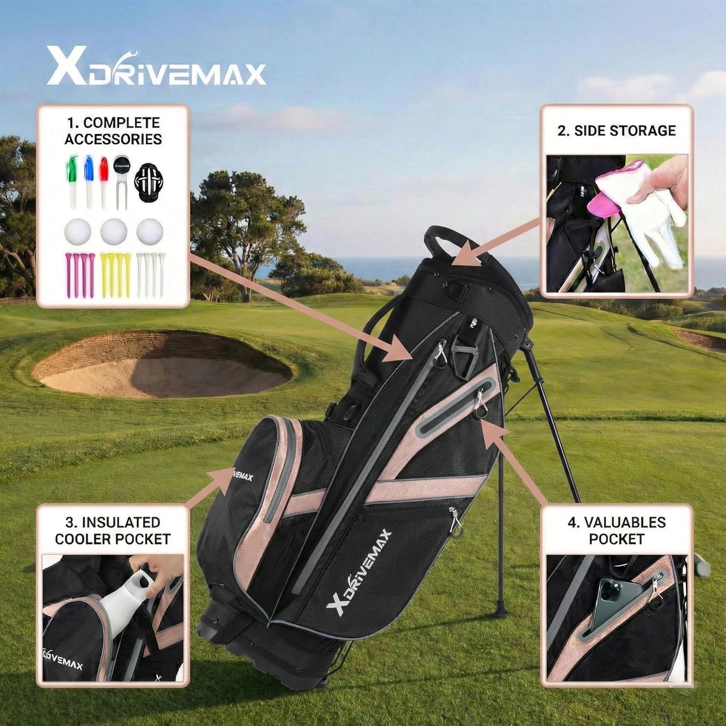 XDriveMax Golf Stand Bag, Lightweight 8-Way & 5-Way Top Dividers Golf Bag with Stand, Includes Insulated Cooler Pocket, Dual Strap & Rain Cover