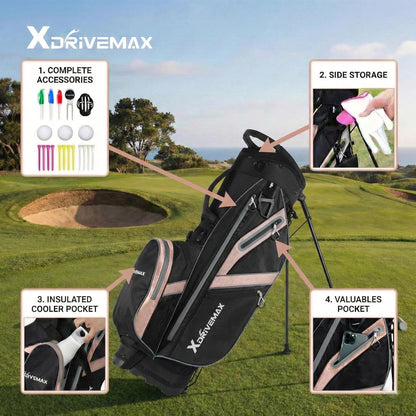 XDriveMax Golf Stand Bag, Lightweight 8-Way & 5-Way Top Dividers Golf Bag with Stand, Includes Insulated Cooler Pocket, Dual Strap & Rain Cover