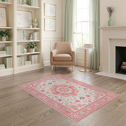 4'x6' Washable Flatwoven Rug, Peach Traditional Floral Easy Care Throw Carpet for Dorm Room, Small Living Room, Apartment, Stain Resistant Low Profile Floor Covering | Ref:2138144