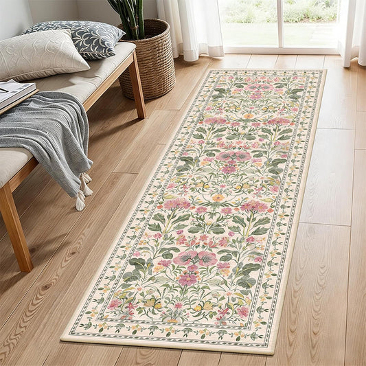 2x6 Soft Washable Runner Rugs: Velvet Feel & 5-10 Degrees Warmer Underfoot - Cottagecore Floral Hallway Carpet for Bedroom Kitchen Entryway - Family & Pet Friendly (Blush Pink)