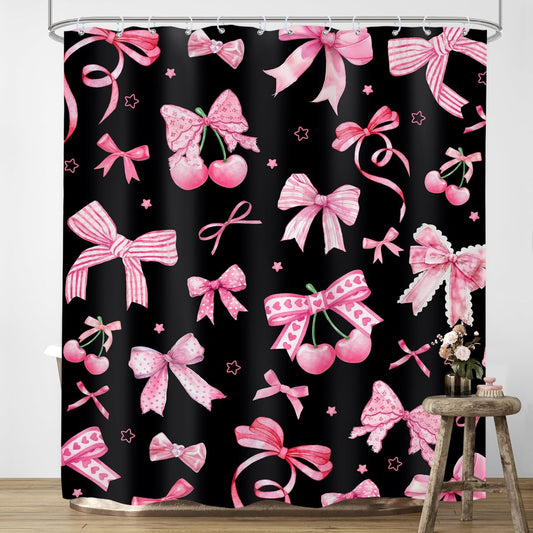 Pink Black Bow Shower Curtain 60Wx72H Inches Cherry Girly Preppy Modern Fruit Pretty Sweet Aesthetic for Girls Teens Cloth Fabric Waterproof Polyester Bathroom Home Decor Set with Hooks