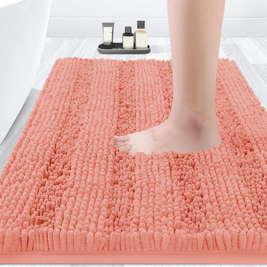 ACCUMTEK Striped Coral Bathroom Rug Mat 32"x20" Ultra Soft, Non Slip Chenille Bath Rugs, Absorbent Plush Shaggy Bath Mats for Bathroom, Bedroom, Kitchen, Shower, Tub