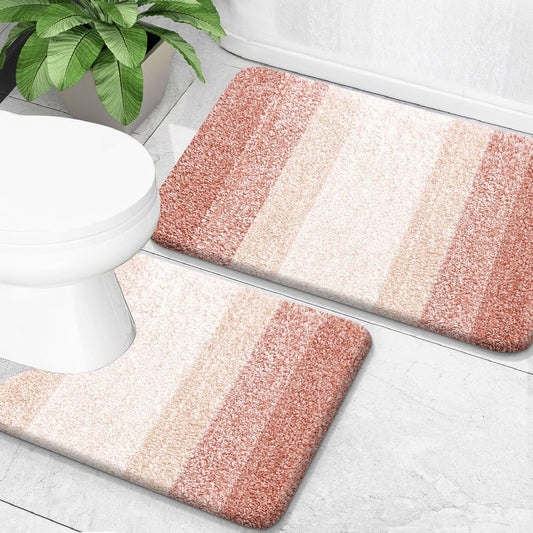 OLANLY Bathroom Rug Set 2 Piece, Soft Absorbent Microfiber Bath Mats and U-Shaped Contour Toilet Rug, Non-Slip, Machine Wash Dry, Plush Shaggy Bath Mats for Bathroom (24"x16"+24"x20", Peach)