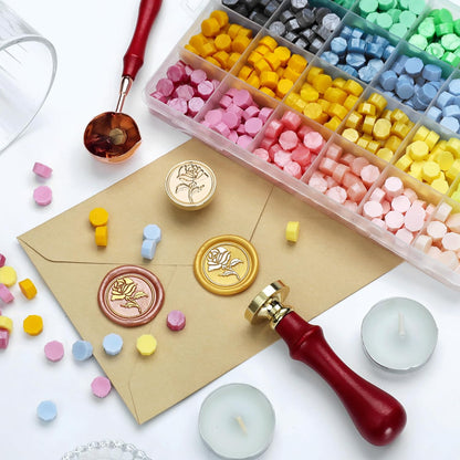 Wax Seal Stamp Kit, 600Pcs 24-Color Sealing Wax Beads Set with Brass Stamp and Spoon, Sealing Wax Kit for Wedding Invitations, Birthday Cards, DIY Crafts (Pink, Yellow, Blue and Green Series)