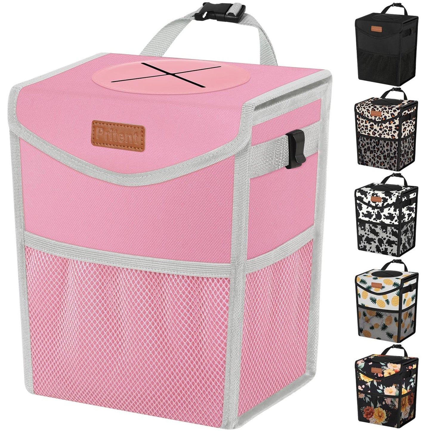 Pritent Car Trash Can with Lid, Cute Leakproof Car Trash Garbage Bag Hanging Vehicle Trash Bin Small Portable Automotive Garbage Cans Organizer for Back/Front Seat(Trapezoid,Pink