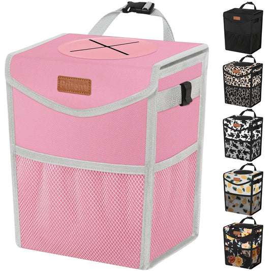 Pritent Car Trash Can with Lid, Cute Leakproof Car Trash Garbage Bag Hanging Vehicle Trash Bin Small Portable Automotive Garbage Cans Organizer for Back/Front Seat(Trapezoid,Pink