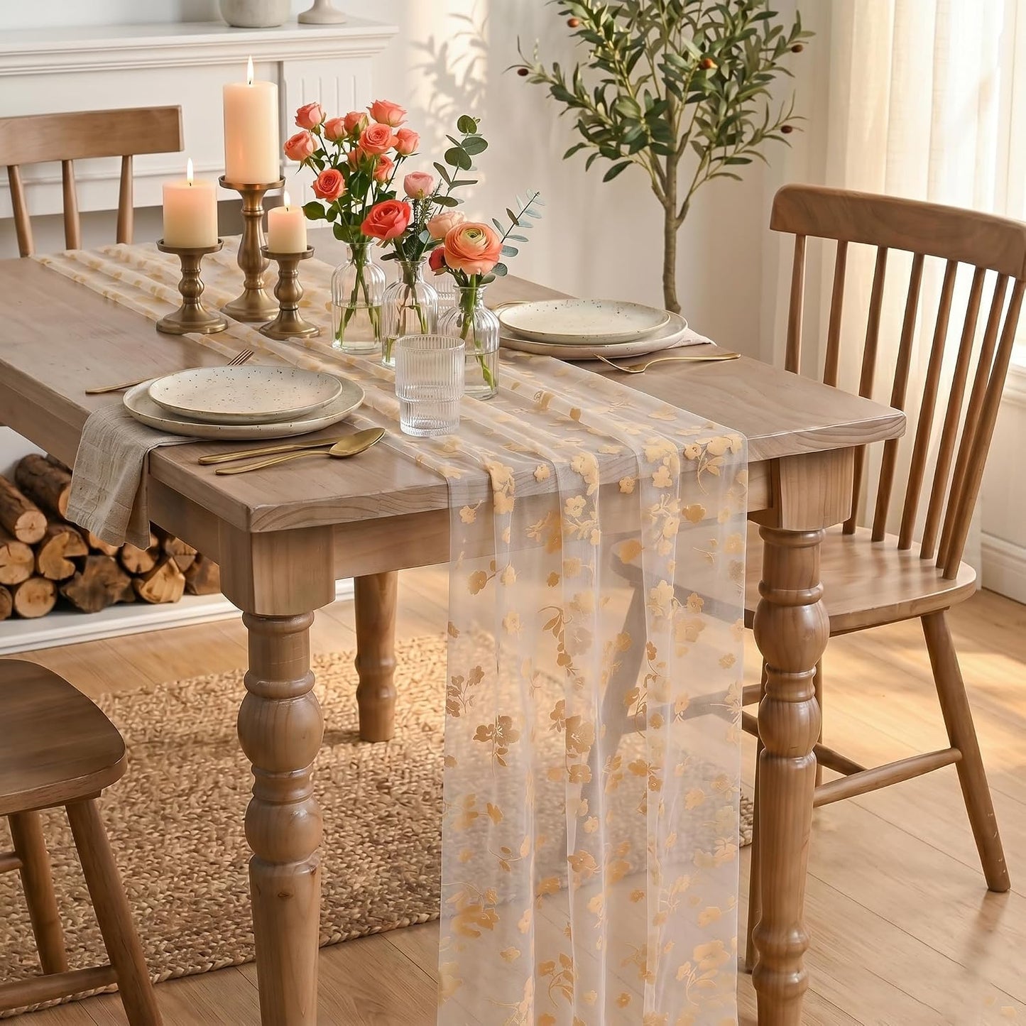 Artoid Mode Pink Gauze Flocking Flowers Table Runner 10FT, Spring Sheer Dining Table Decor for Wedding Anniversary Holiday Birthday Home Party