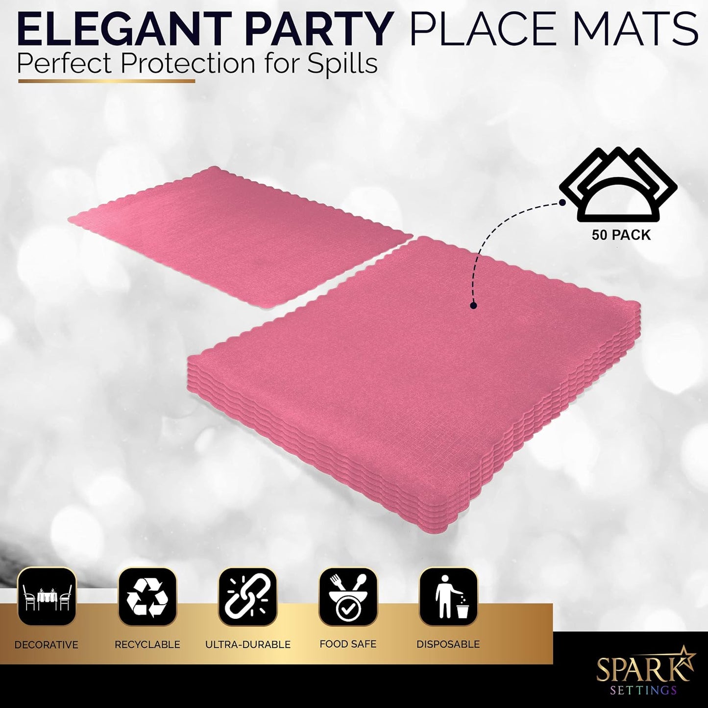 Paper Placemat Disposable, Bright Pink Place Mats with Scalloped Edges, Durable Paper Placemat for Holiday Wedding Party Supplies Decor, 9.75 X 14 Inches, Pack of 50 - by SparkSettings