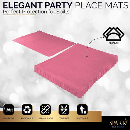 Paper Placemat Disposable, Bright Pink Place Mats with Scalloped Edges, Durable Paper Placemat for Holiday Wedding Party Supplies Decor, 9.75 X 14 Inches, Pack of 50 - by SparkSettings