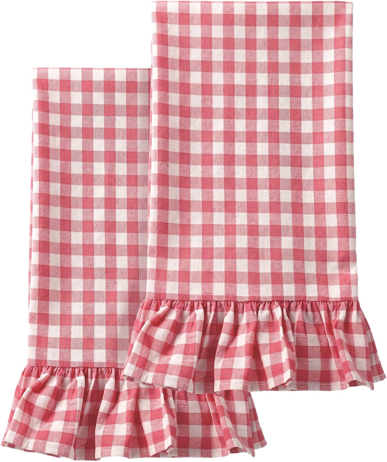 HunnmingRe Watermelon Pink Kitchen Towels Set of 2, 100% Cotton Ruffled Gingham Dish Towels 18"x28" Tea Cloths Classic Plaid Pattern for Farmhouse Charm, Drying Dishes, Entertaining Guests