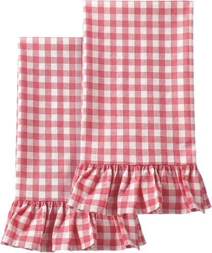HunnmingRe Watermelon Pink Kitchen Towels Set of 2, 100% Cotton Ruffled Gingham Dish Towels 18"x28" Tea Cloths Classic Plaid Pattern for Farmhouse Charm, Drying Dishes, Entertaining Guests