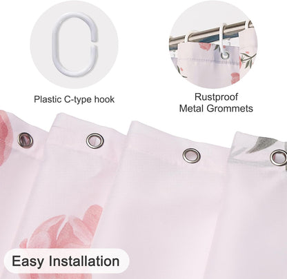 Floral Scalloped Shower Curtain with 12 Hooks 71x74Inches - Romantic Pink Roses Pattern, Waterproof Fabric Bath Curtain for Modern and Girly Bathrooms Decor