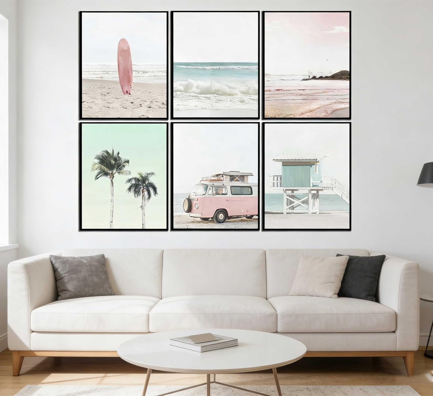 CHEZKVSIOXA 6 Pcs Pastel Pink Beach Wall Art - Coastal Poster Wall Decor, Surfboard Van Palm Tree Lifeguard Tower Beach Scene Prints for Living Room Bedroom Bathroom Unframed 10x8