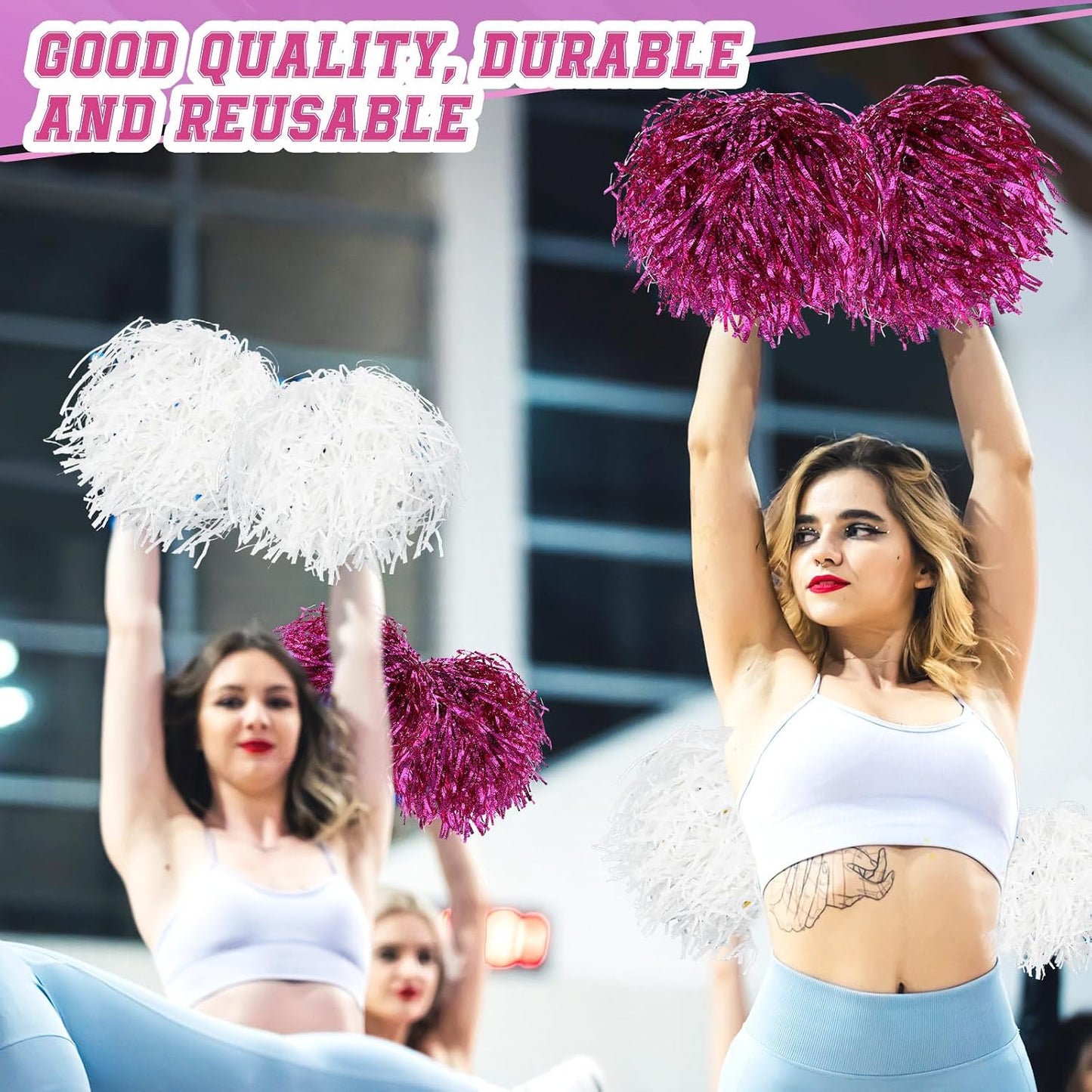 Vinsot 20 Pcs Pink White Cheerleading Pom Poms Bulk Metallic Foil Pom Poms with Plastic Long Handles School Spirit Shakers for Spirit Sports Team Squad Dance Football Basketball Club Celebration