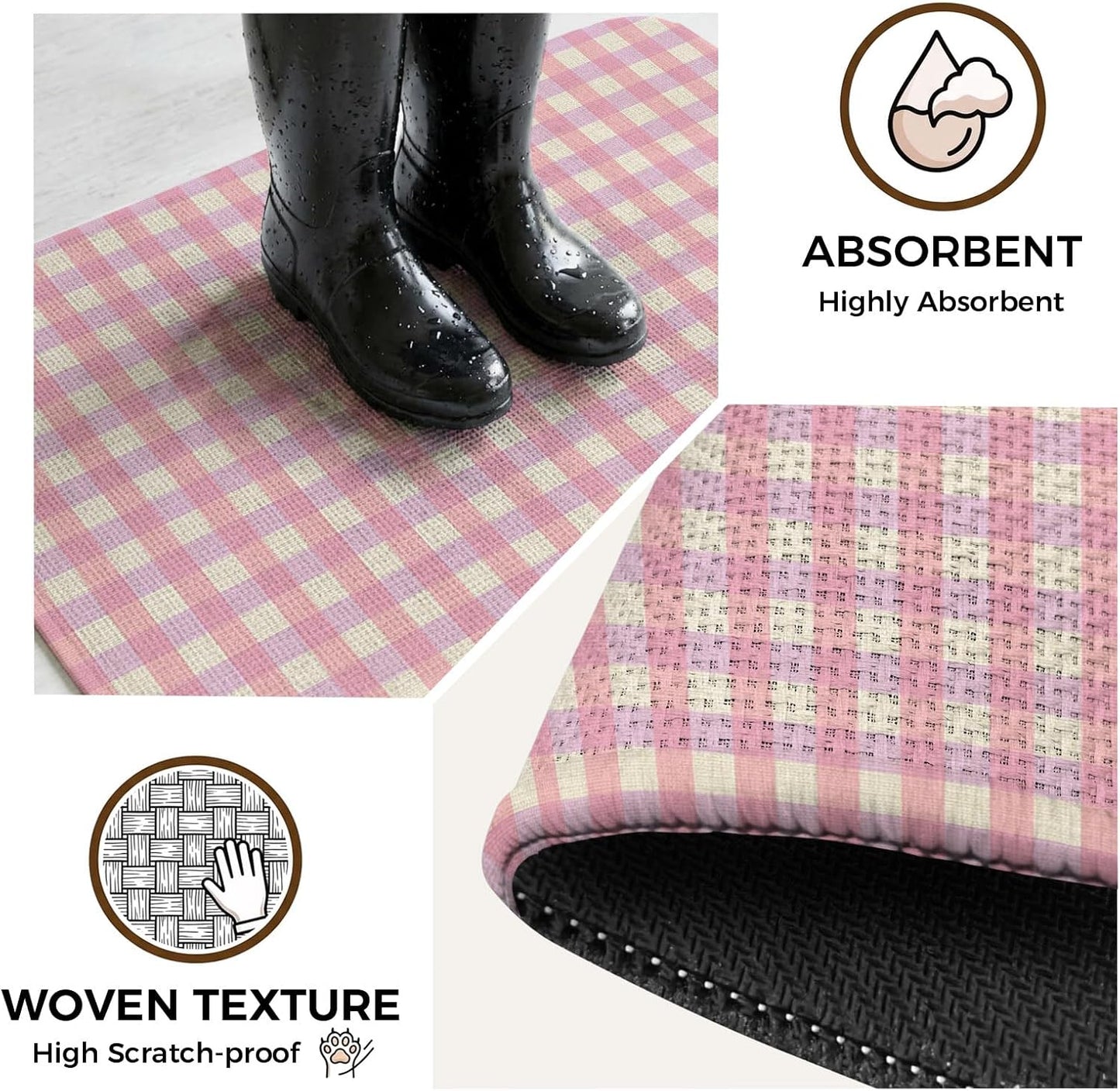 Bathroom Rugs 19.7x31.5 Inch, Pink Non Slip Rugs Washable Low Pile, Grid Checkered Plaid Gingham Lattice Trellis Front Door Mat Entryway Rug with Rubber Backing