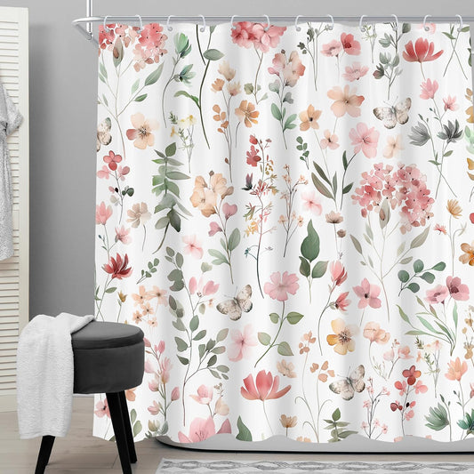 Pink Blush Coral Flower Floral Shower Curtain,Women Girls Wildflower Leaves Leaf Fabric Bathroom Curtains,Botanical Natural Spring Summer Butterfly Cloth Shower Curtain Set with Hooks, 72Wx72H